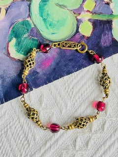 Yves Saint Laurent YSL Iconic Gold Red Ruby Cabochon Openwork Link Bracelet