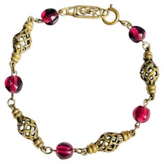 Yves Saint Laurent YSL Iconic Gold Red Ruby Cabochon Openwork Link Bracelet