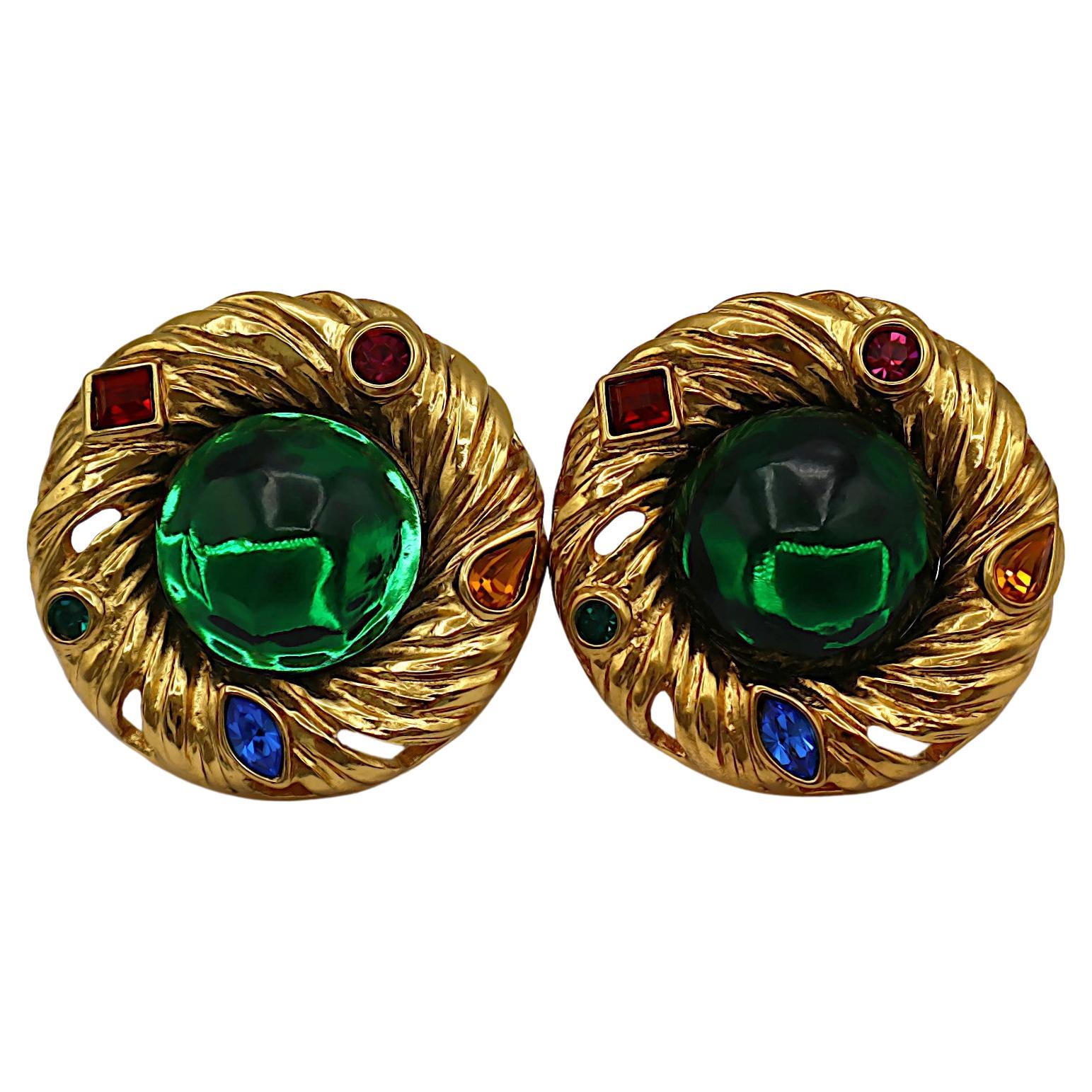 YVES SAINT LAURENT YSL Jewelled Gold Tone Nest Design Clip-On Earrings For Sale