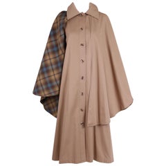 Yves Saint Laurent YSL Khaki Coat Cape with Plaid Interior, 1970s