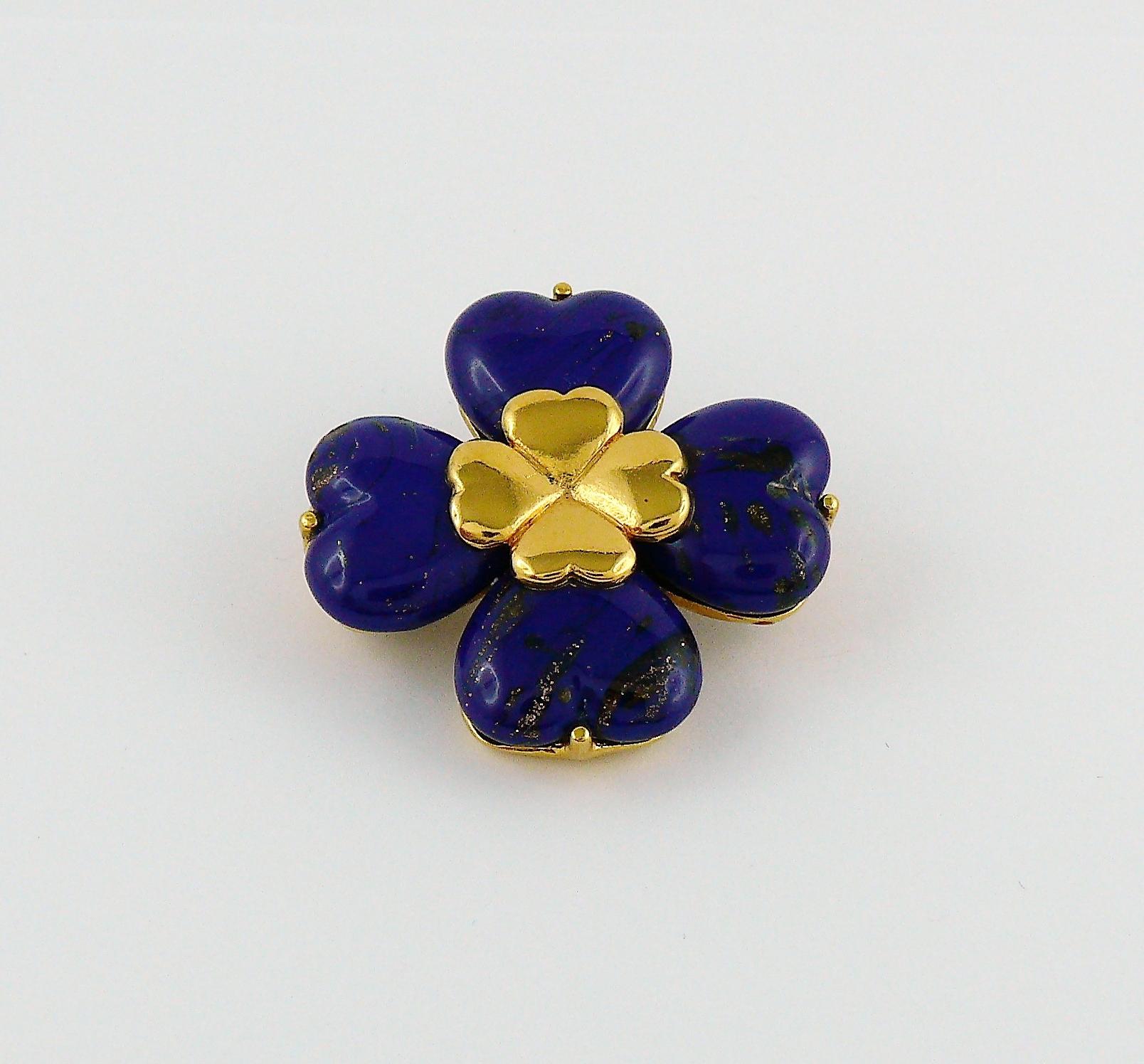 Yves Saint Laurent YSL Lapis Lazuli Glass Cabochon Clover Brooch Pendant In Excellent Condition In Nice, FR