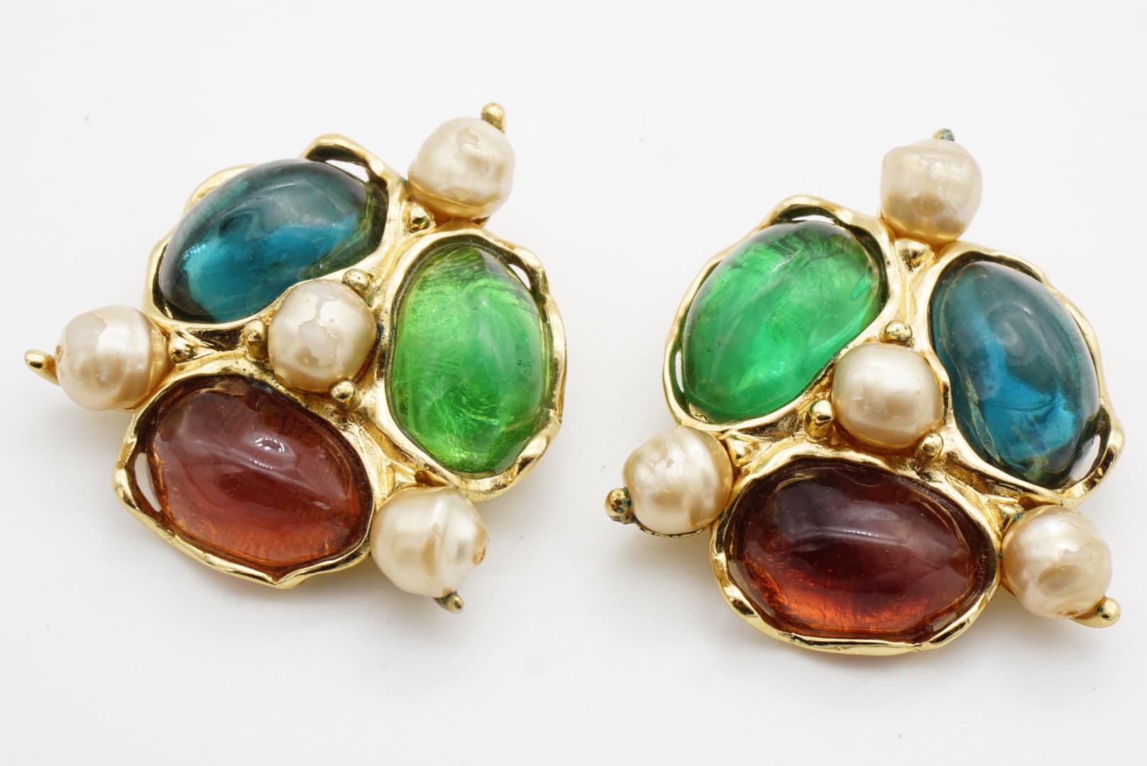 Yves Saint Laurent YSL Large Gripoix Emerald Ruby Crystals Pearls Clip Earrings For Sale 5