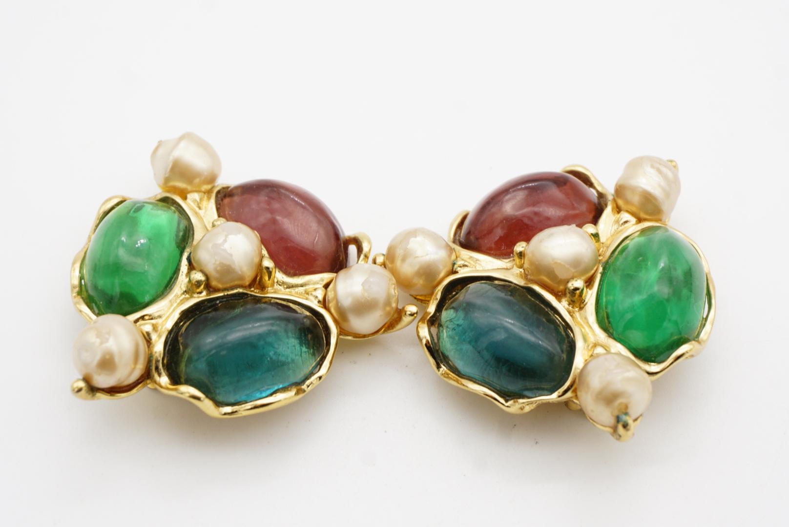 Yves Saint Laurent YSL Large Gripoix Emerald Ruby Crystals Pearls Clip Earrings For Sale 6