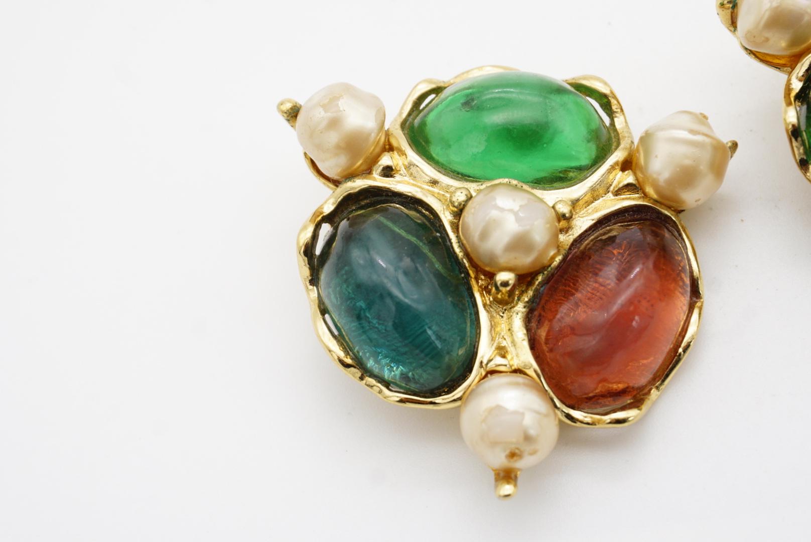 Yves Saint Laurent YSL Large Gripoix Emerald Ruby Crystals Pearls Clip Earrings For Sale 7
