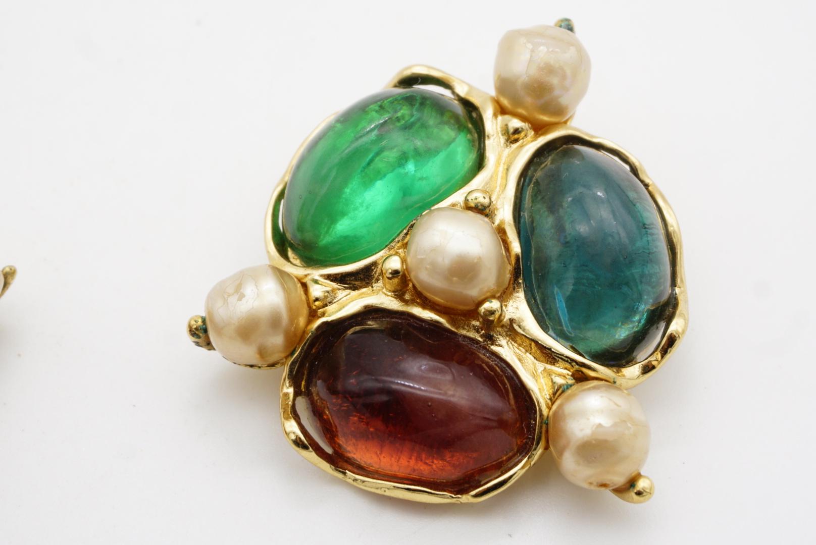 Yves Saint Laurent YSL Large Gripoix Emerald Ruby Crystals Pearls Clip Earrings For Sale 8