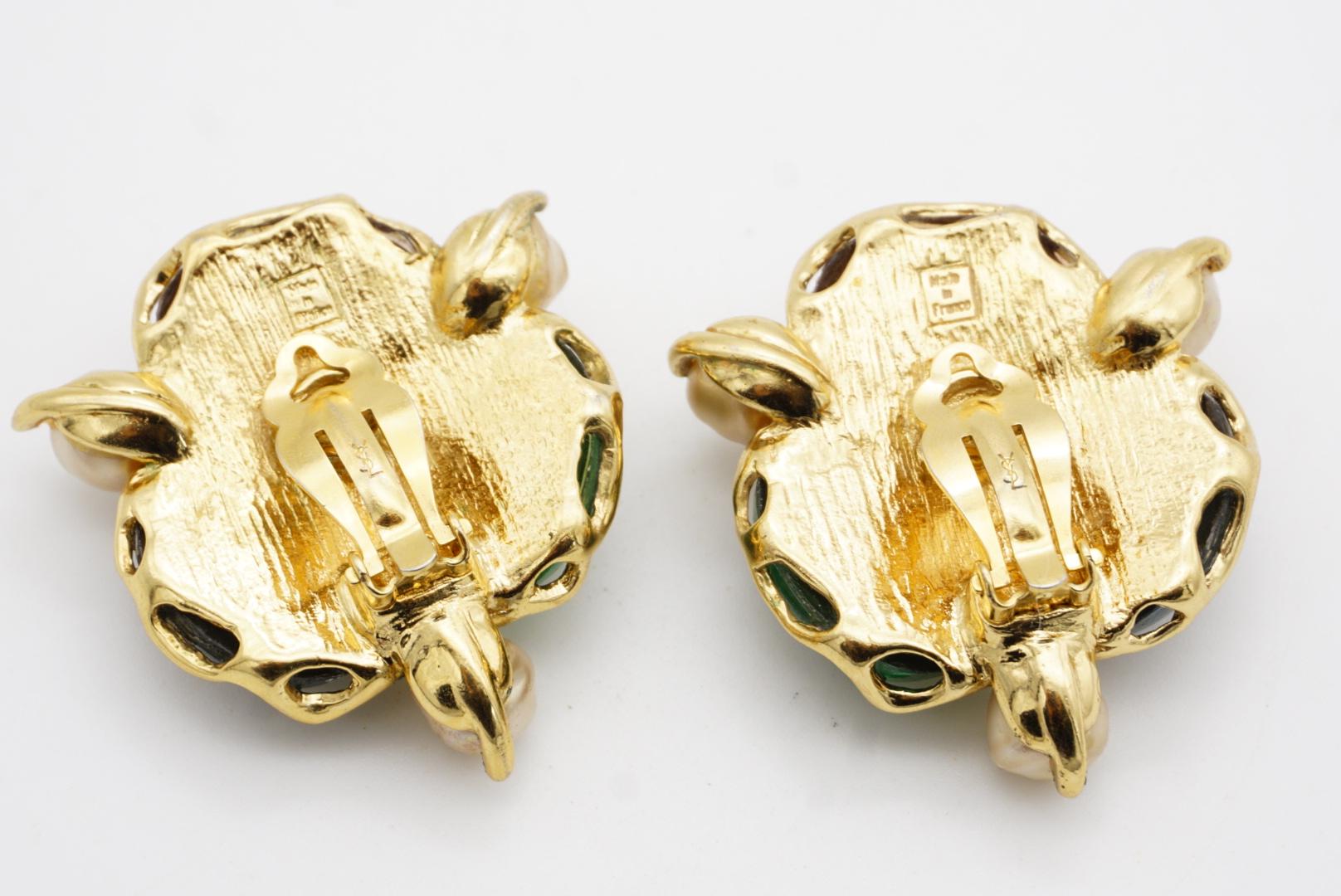 Yves Saint Laurent YSL Large Gripoix Emerald Ruby Crystals Pearls Clip Earrings For Sale 9