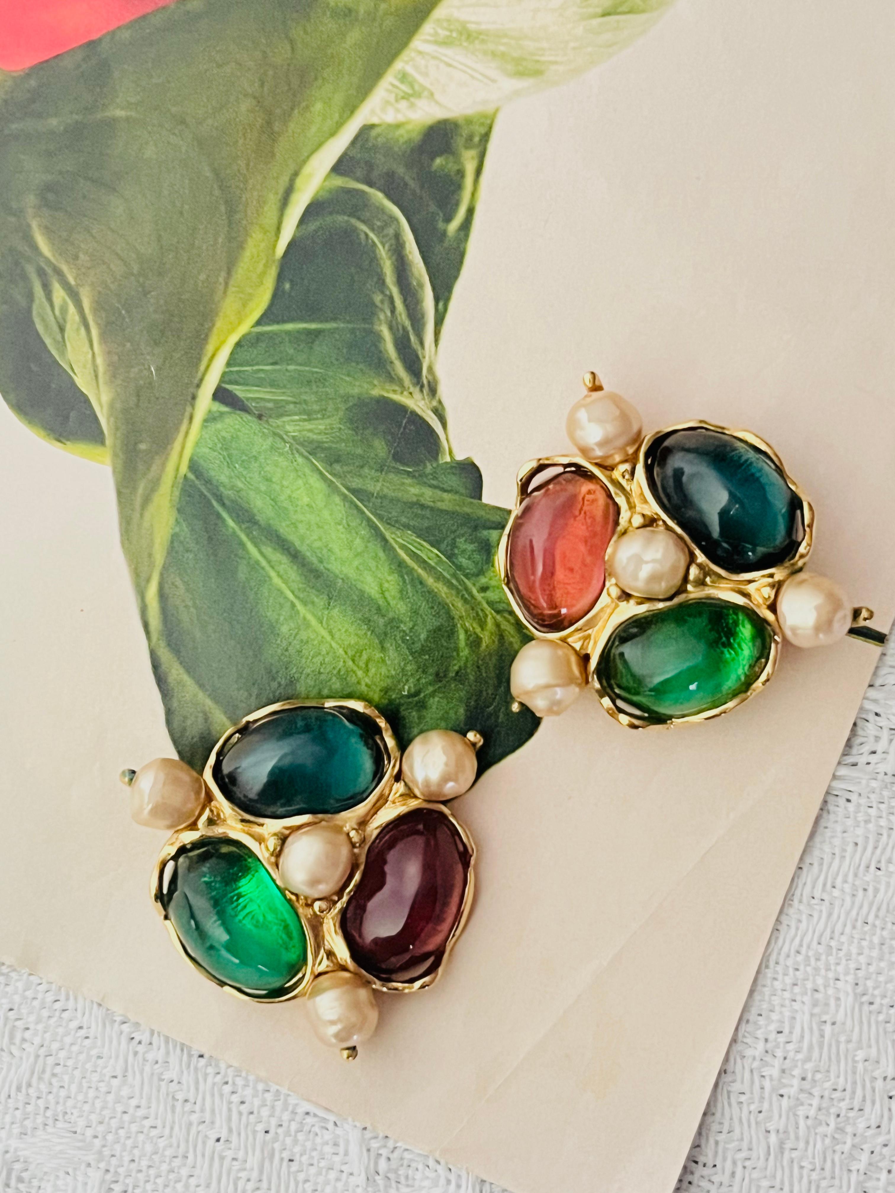 Art Deco Yves Saint Laurent YSL Large Gripoix Emerald Ruby Crystals Pearls Clip Earrings For Sale
