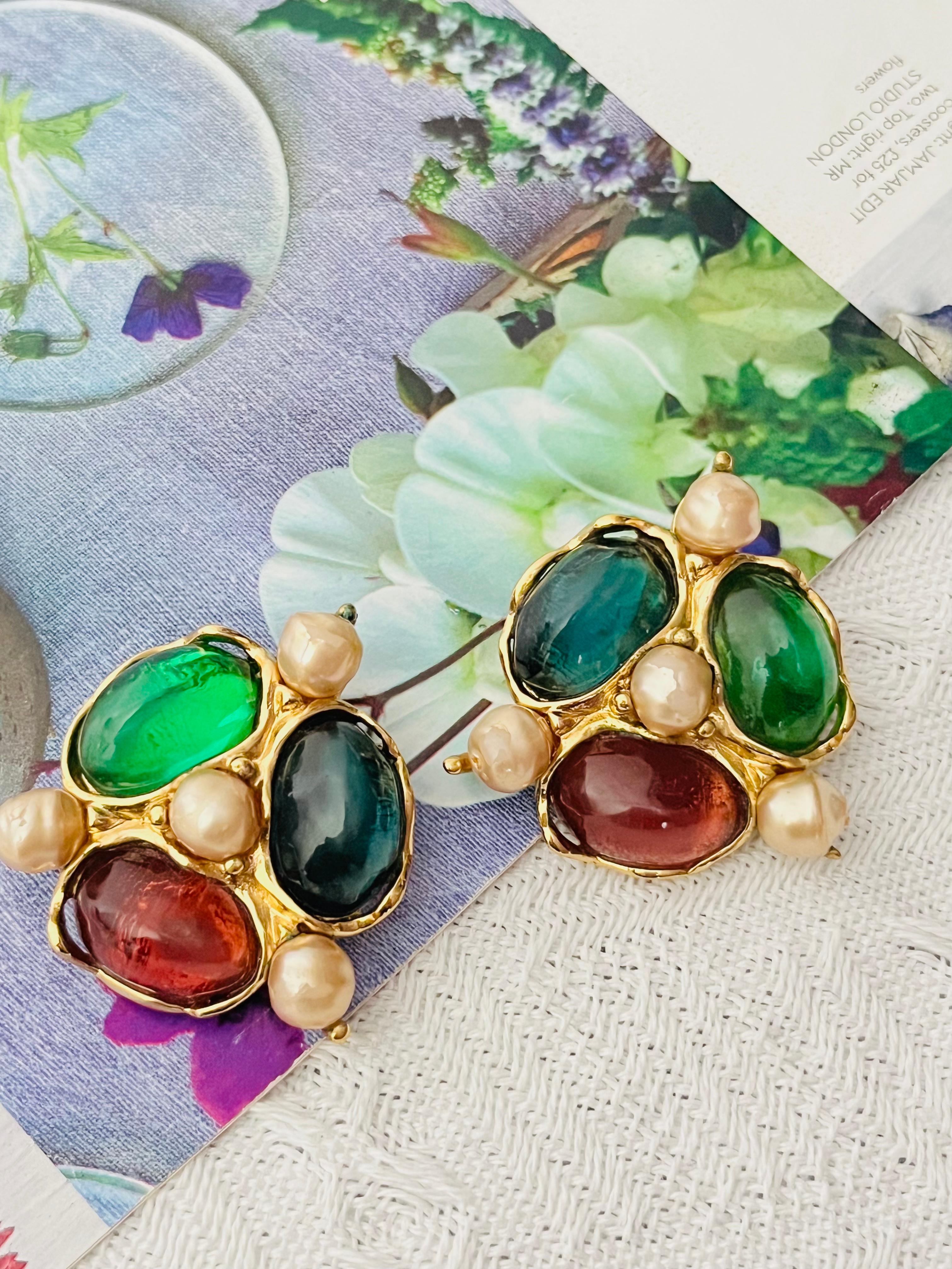 Women's Yves Saint Laurent YSL Large Gripoix Emerald Ruby Crystals Pearls Clip Earrings For Sale