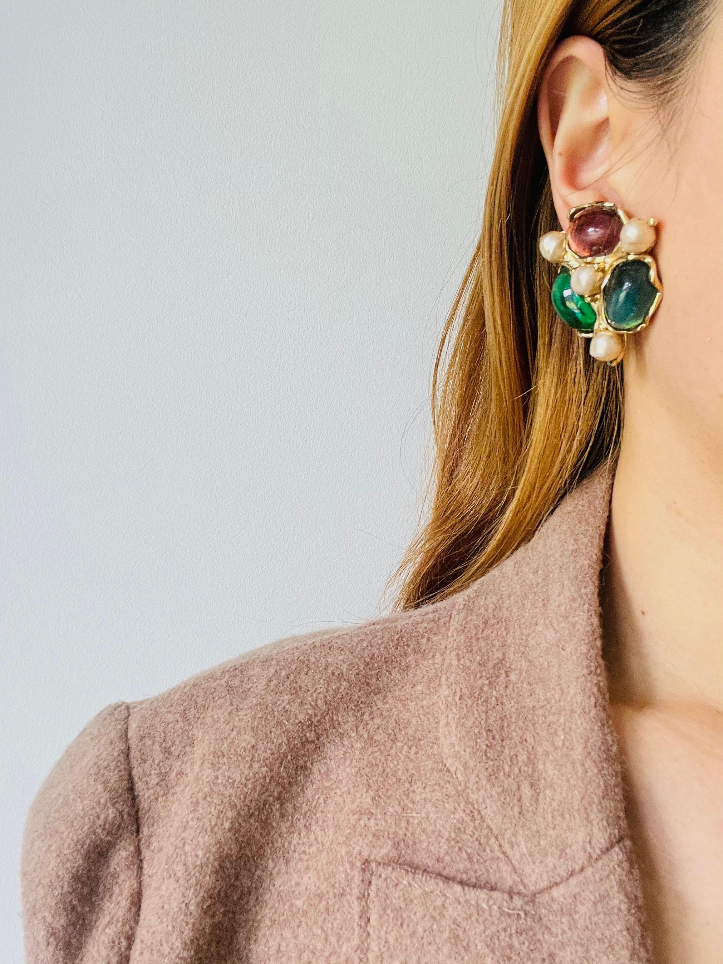 Yves Saint Laurent YSL Large Gripoix Emerald Ruby Crystals Pearls Clip Earrings For Sale 1