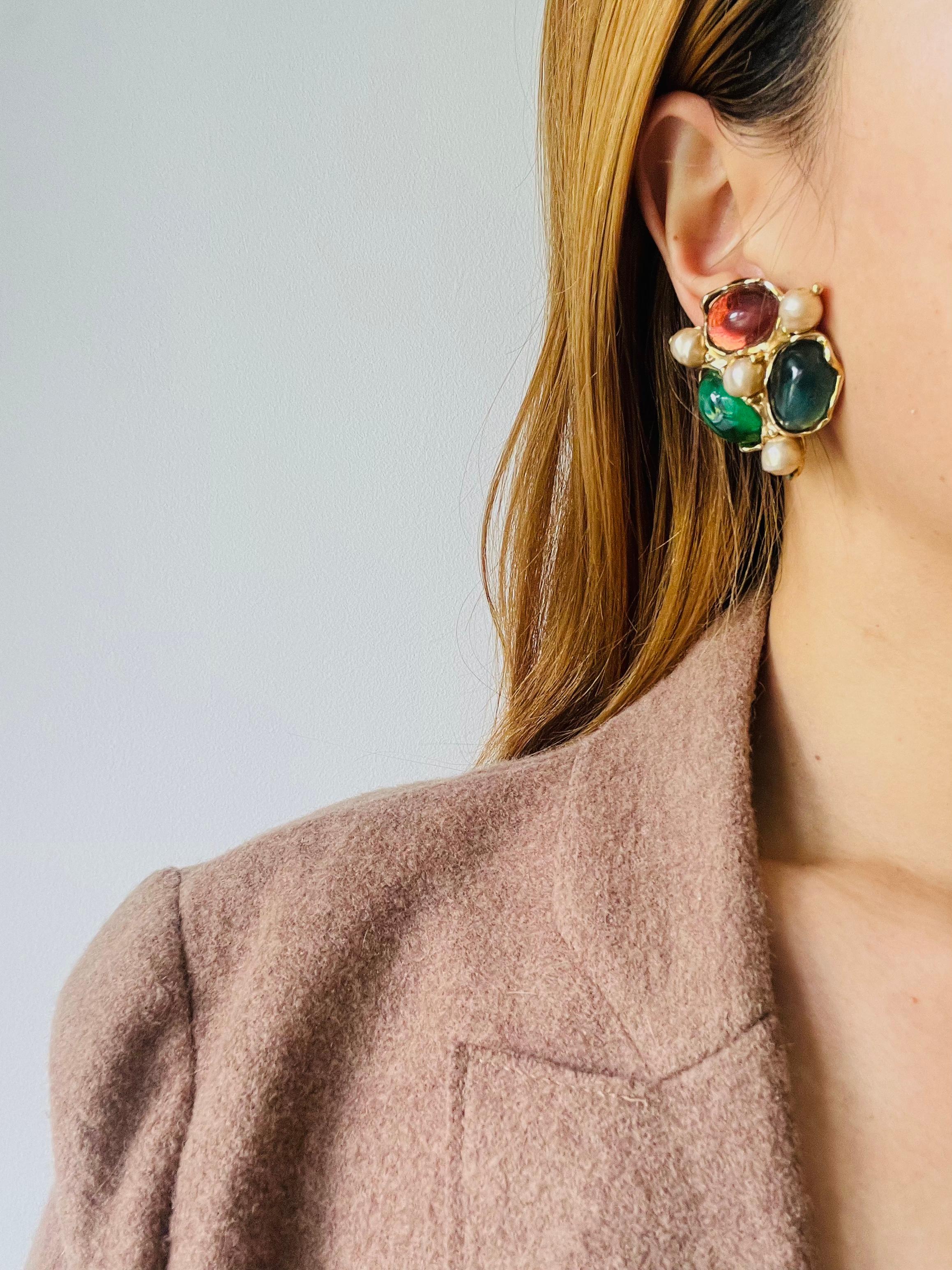 Yves Saint Laurent YSL Large Gripoix Emerald Ruby Crystals Pearls Clip Earrings For Sale 2