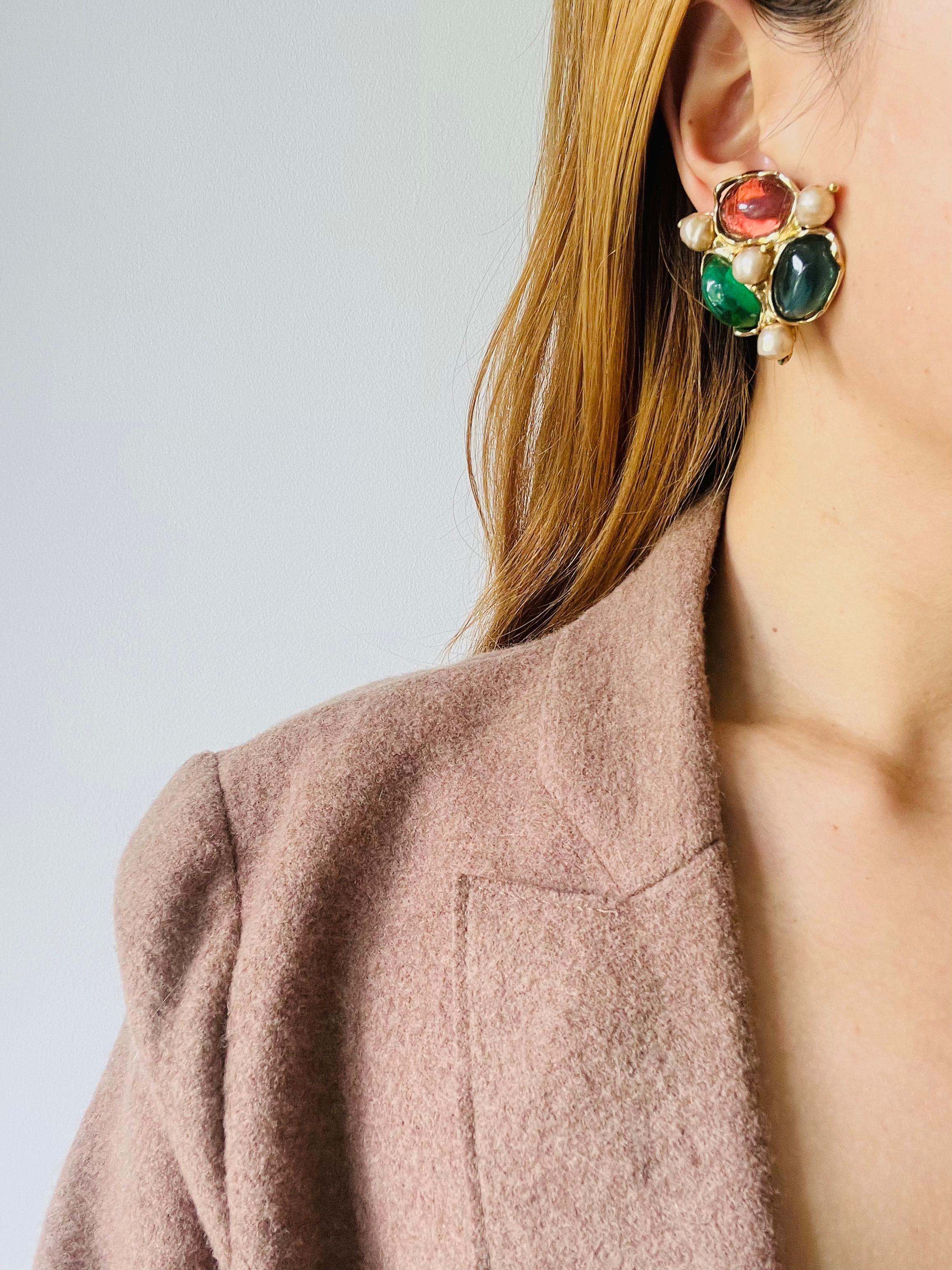 Yves Saint Laurent YSL Large Gripoix Emerald Ruby Crystals Pearls Clip Earrings For Sale 3
