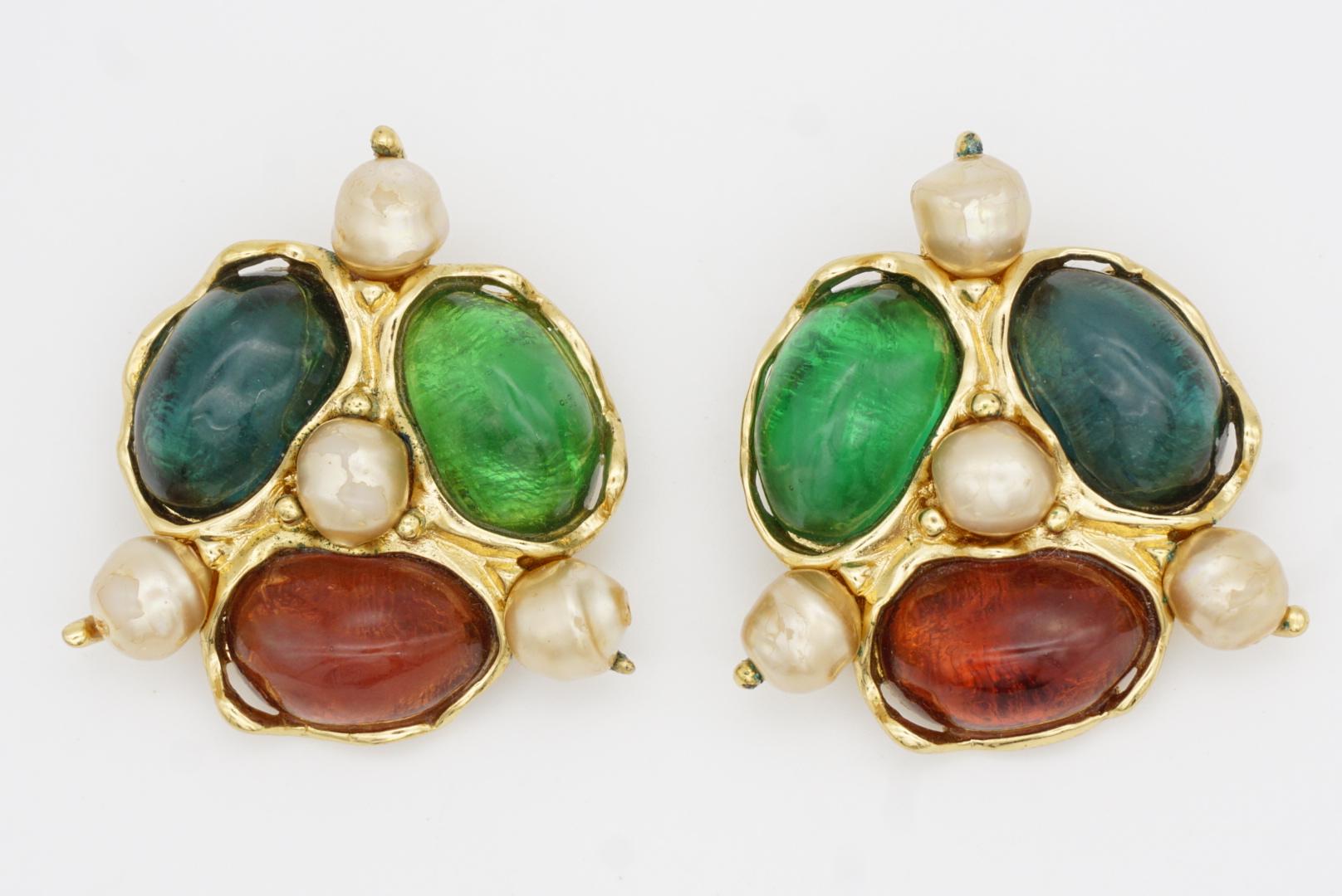 Yves Saint Laurent YSL Large Gripoix Emerald Ruby Crystals Pearls Clip Earrings For Sale 4