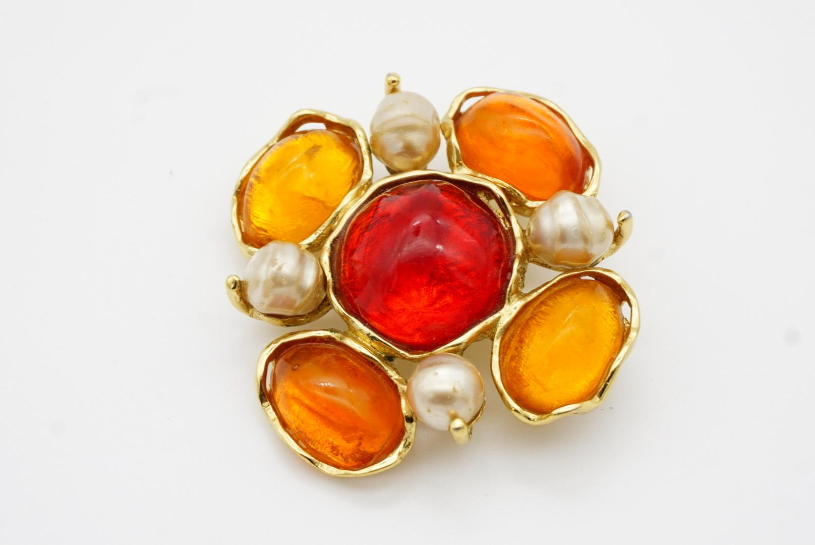 Yves Saint Laurent YSL Large Gripoix Orange Ruby Crystals Pearls Pendant Brooch For Sale 5