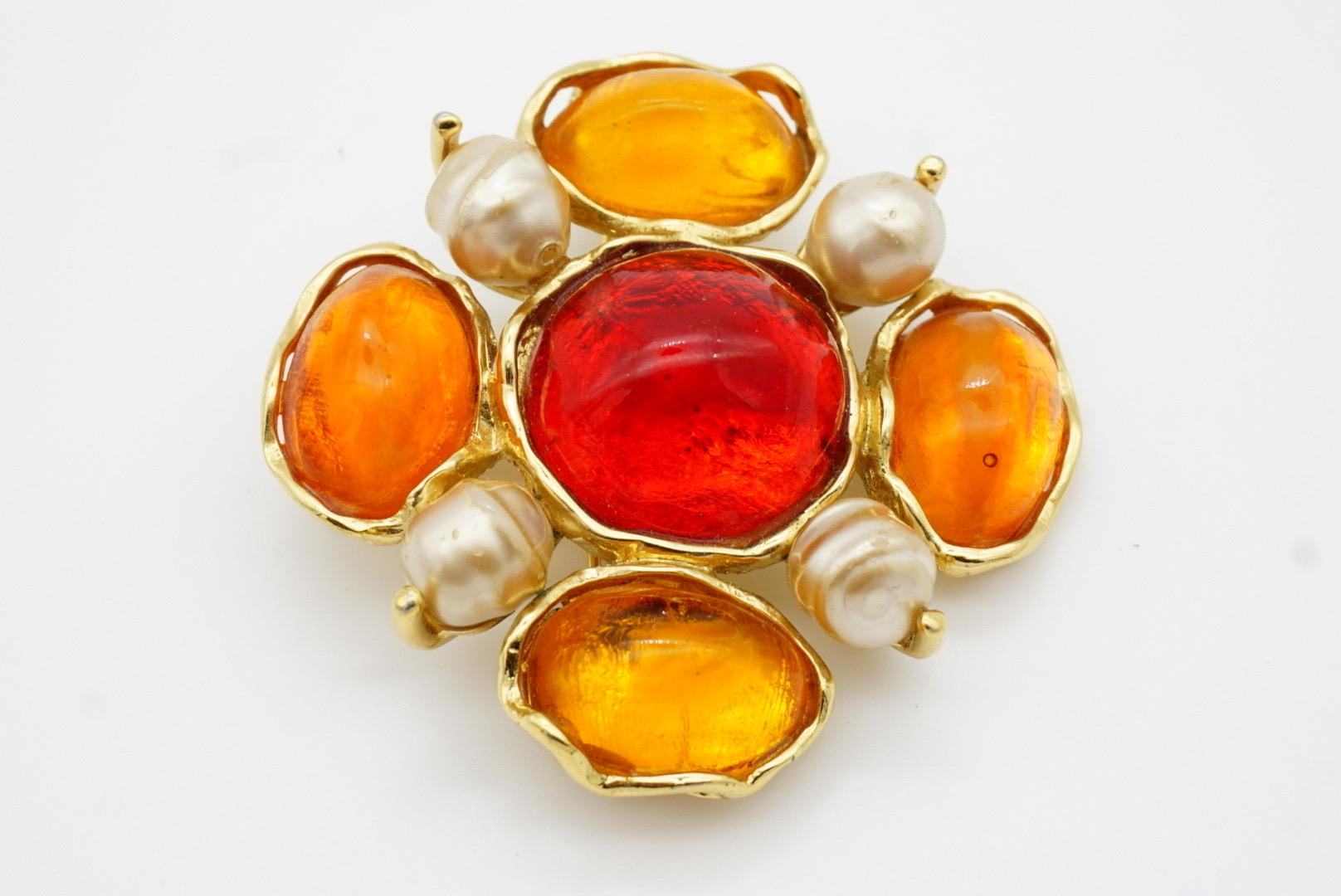 Yves Saint Laurent YSL Large Gripoix Orange Ruby Crystals Pearls Pendant Brooch For Sale 6