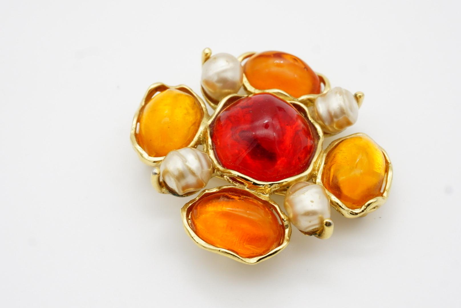 Yves Saint Laurent YSL Large Gripoix Orange Ruby Crystals Pearls Pendant Brooch For Sale 7