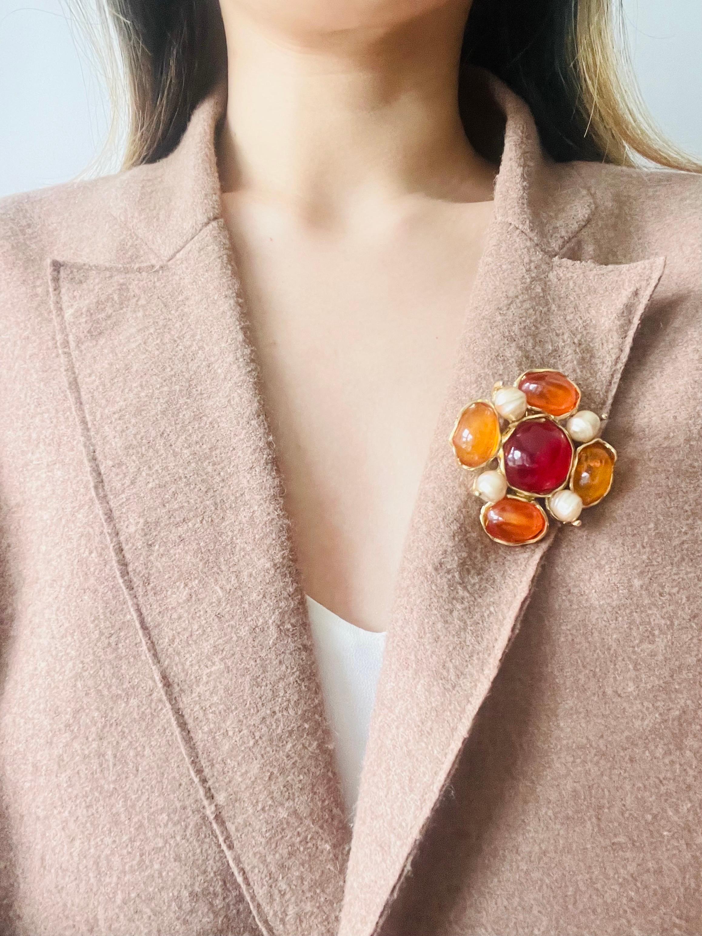 Women's or Men's Yves Saint Laurent YSL Large Gripoix Orange Ruby Crystals Pearls Pendant Brooch For Sale