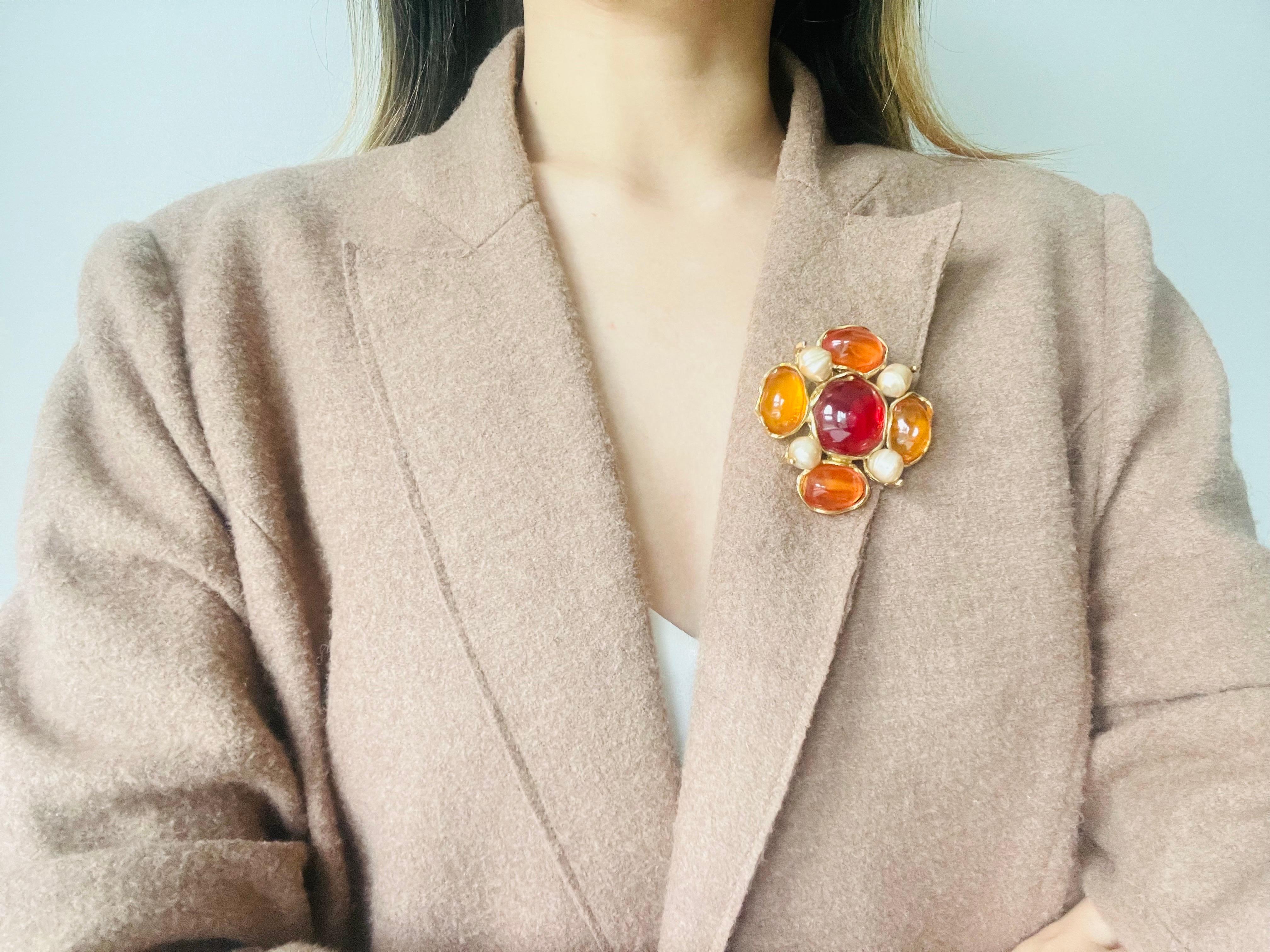 Yves Saint Laurent YSL Large Gripoix Orange Ruby Crystals Pearls Pendant Brooch 1