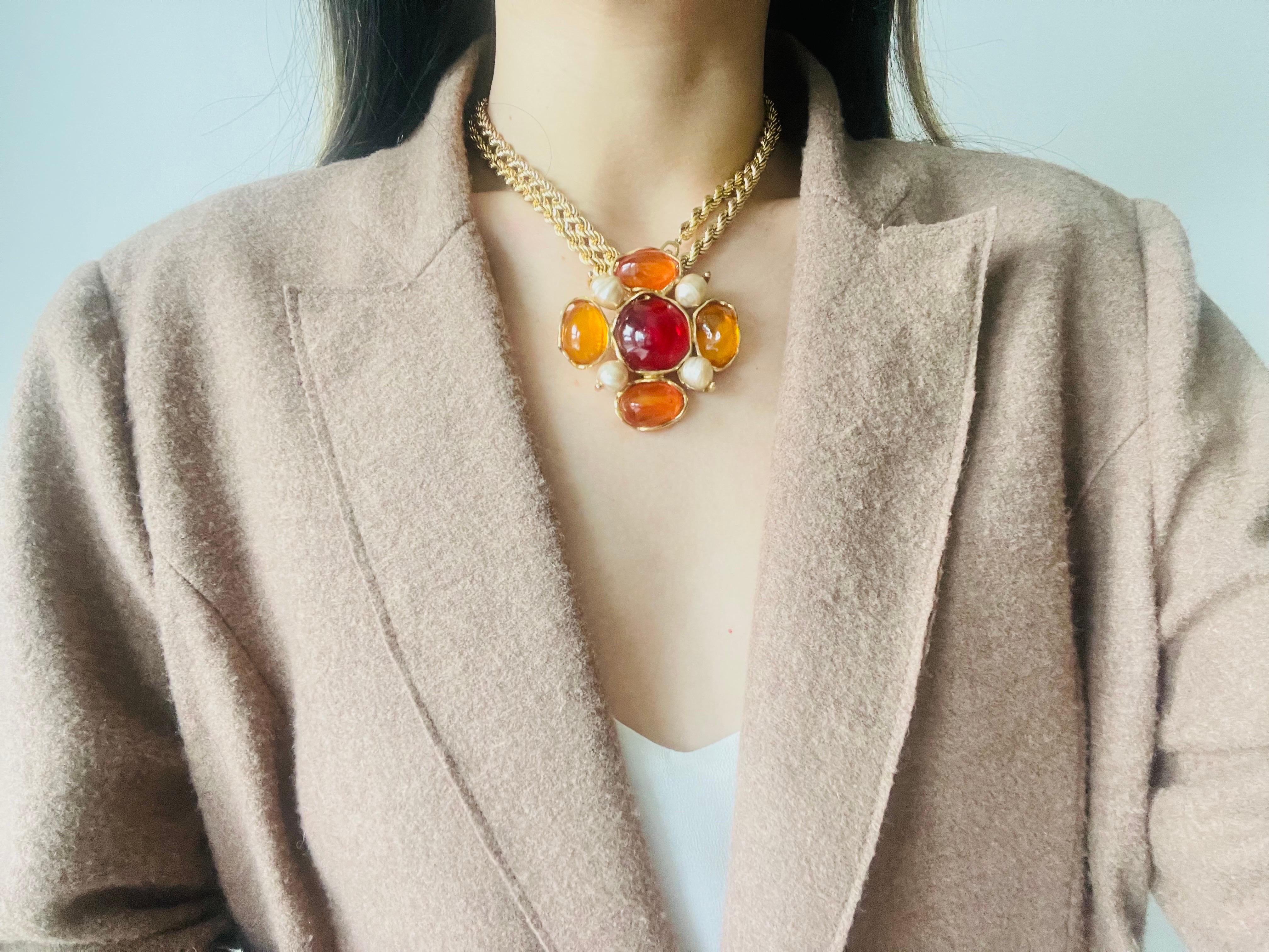Yves Saint Laurent YSL Large Gripoix Orange Ruby Crystals Pearls Pendant Brooch 2