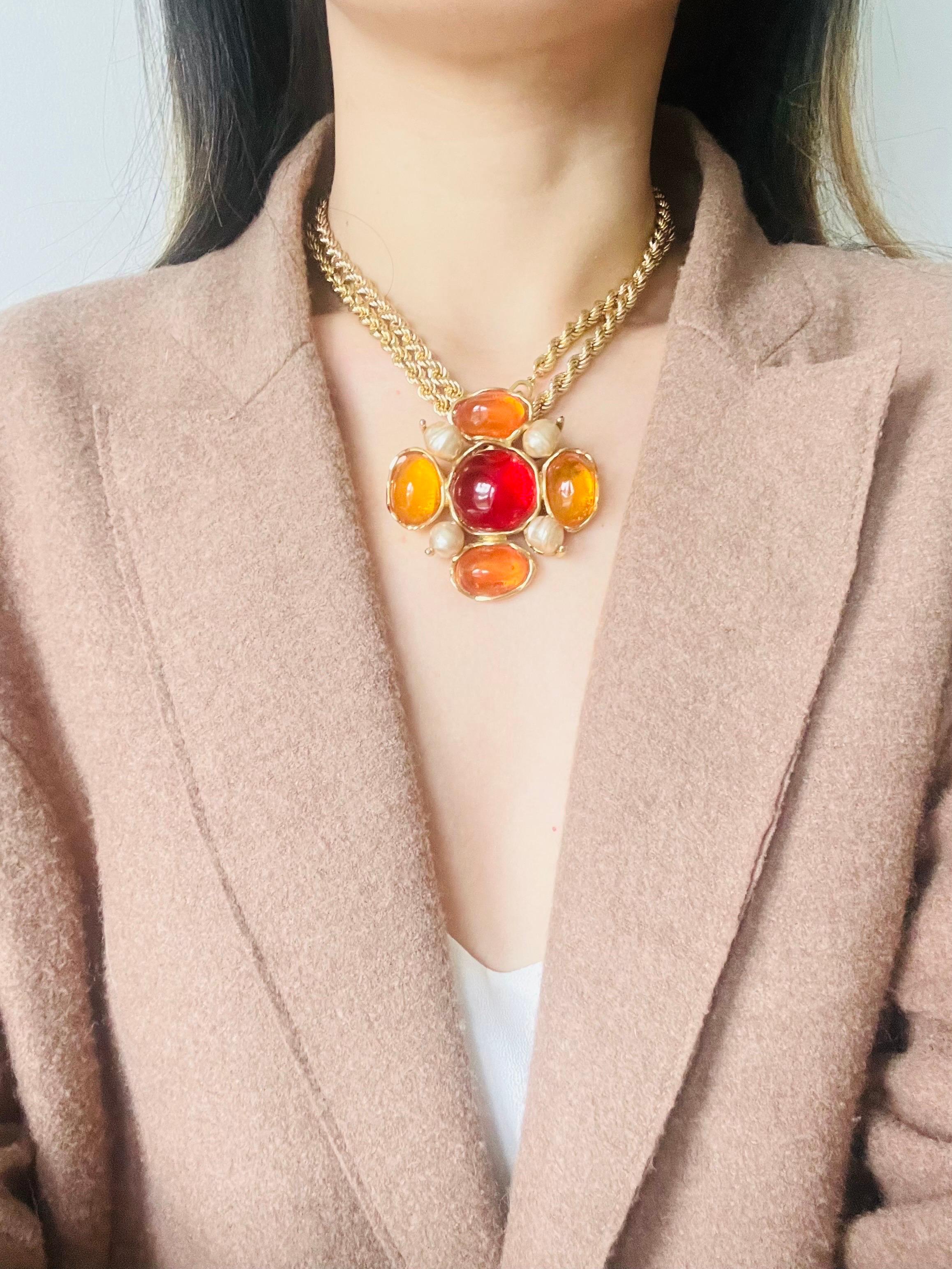 Yves Saint Laurent YSL Large Gripoix Orange Ruby Crystals Pearls Pendant Brooch 3