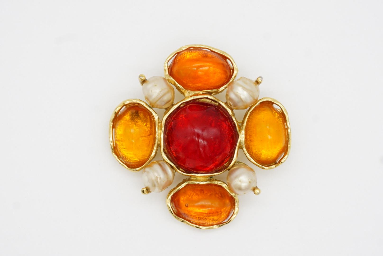 Yves Saint Laurent YSL Large Gripoix Orange Ruby Crystals Pearls Pendant Brooch For Sale 4