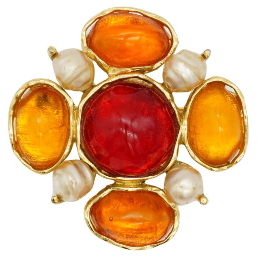 Yves Saint Laurent YSL Large Gripoix Orange Ruby Crystals Pearls Pendant Brooch For Sale