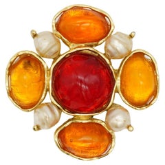 Yves Saint Laurent YSL Large Gripoix Orange Ruby Crystals Pearls Pendant Brooch