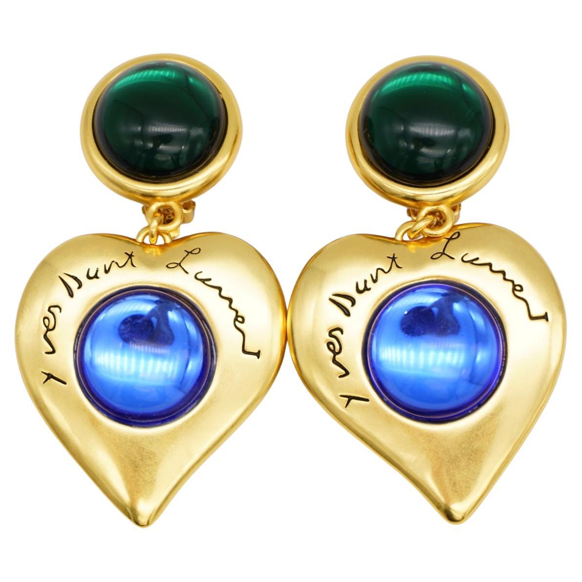 Yves Saint Laurent YSL Large Heart Logo Gripoix Emerald Sapphire Drop Earrings For Sale