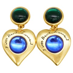 Yves Saint Laurent YSL Large Heart Logo Gripoix Emerald Sapphire Drop Earrings