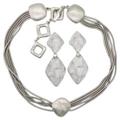 Vintage Yves Saint Laurent YSL Logo Pendant Layers Strands Chain Earrings Silver Set