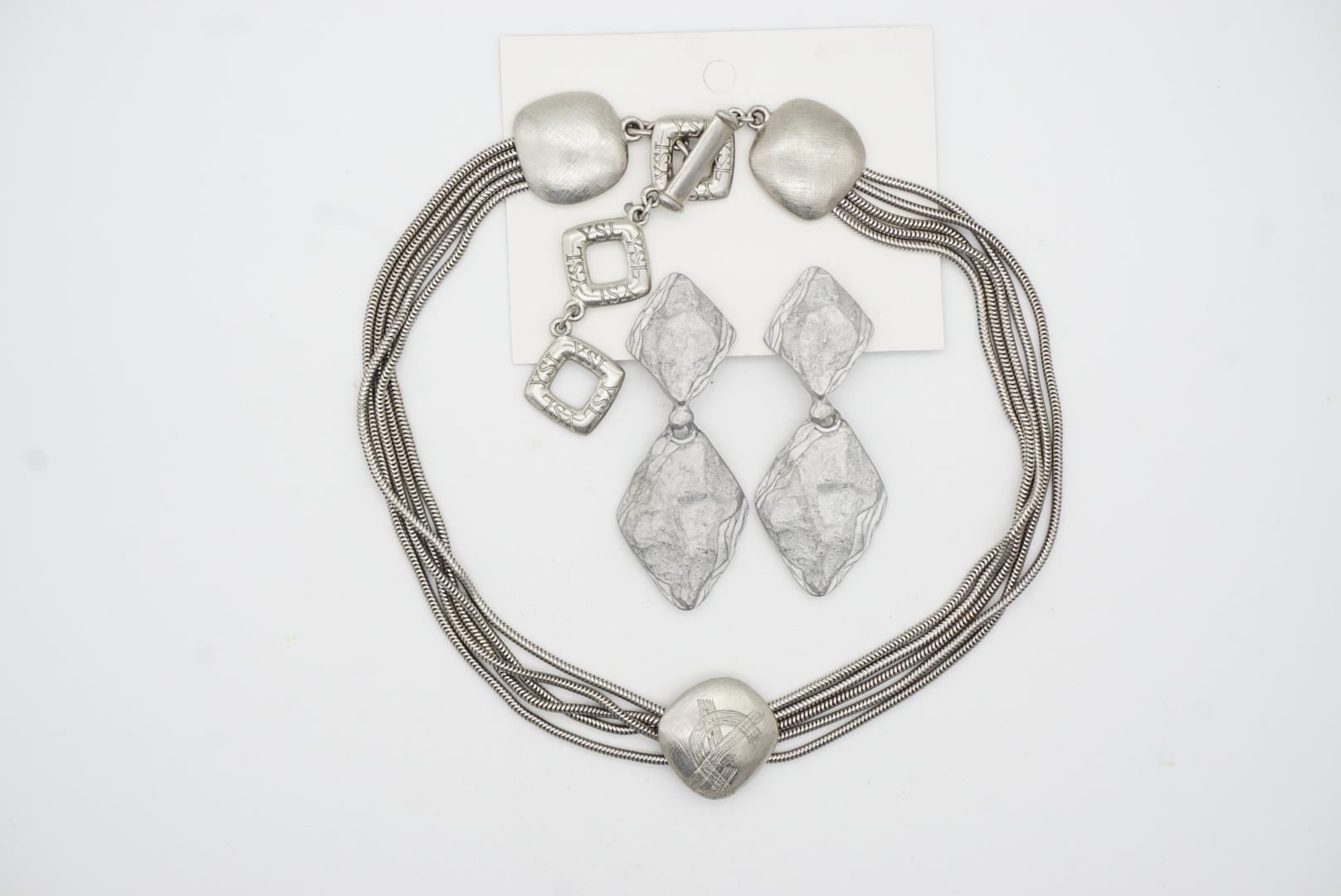 Yves Saint Laurent YSL Logo Pendant Strands Choker Necklace Earrings Silver Set For Sale 4