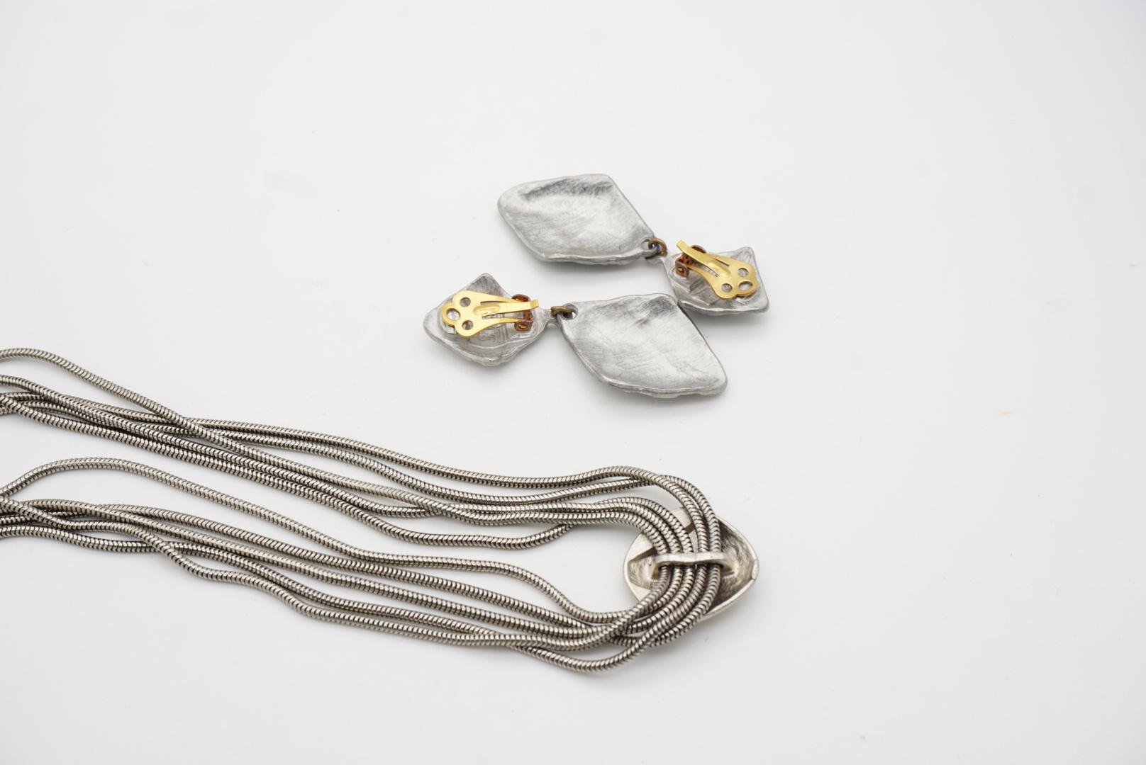 Yves Saint Laurent YSL Logo Pendant Strands Choker Necklace Earrings Silver Set For Sale 8
