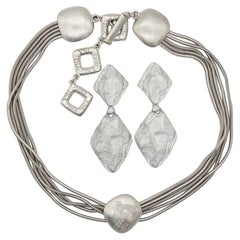Yves Saint Laurent YSL Logo Pendant Strands Choker Necklace Earrings Silver Set