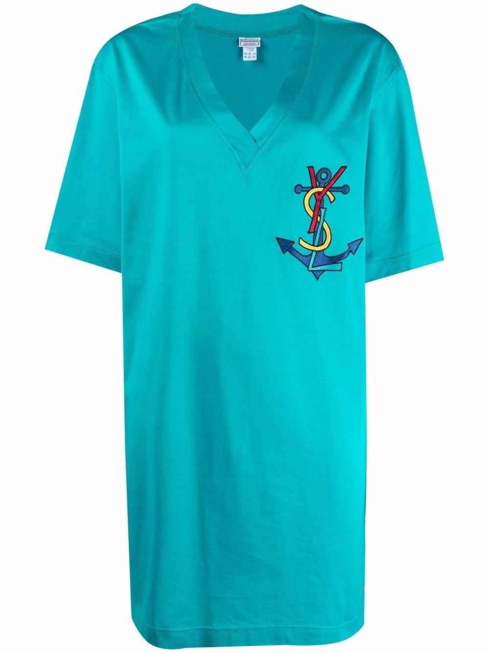 Yves Saint Laurent YSL turquoise blue cotton dress featuring a multi embroidered front logo detail, a short length with sides slits, a V front neck. 
100% Cotton
Estimated size Estimated size 38fr/US6 /UK10
In good vintage condition. 
Made in