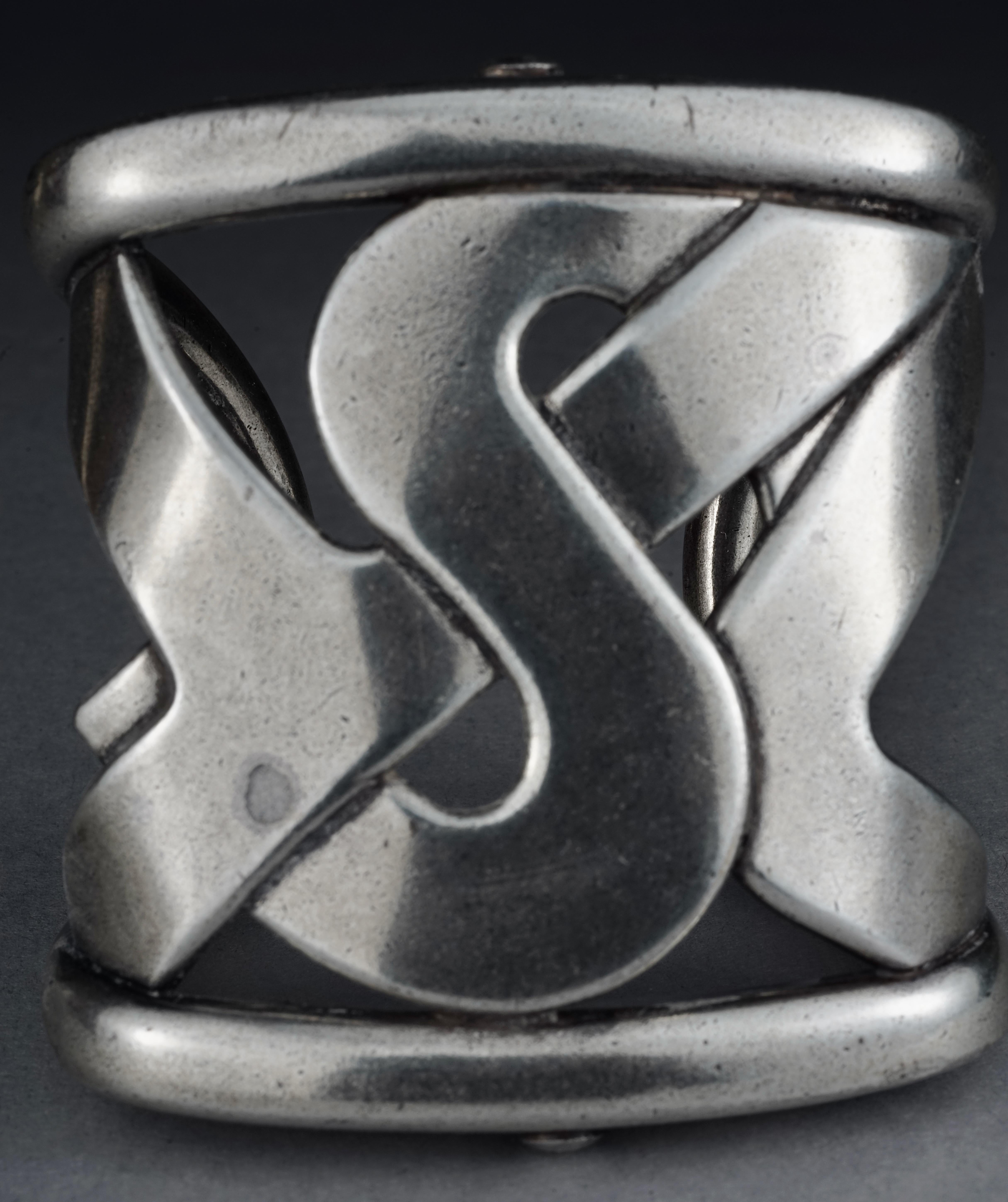 Women's or Men's Yves Saint Laurent YSL Logo Wide Silver Cuff Bracelet For Sale