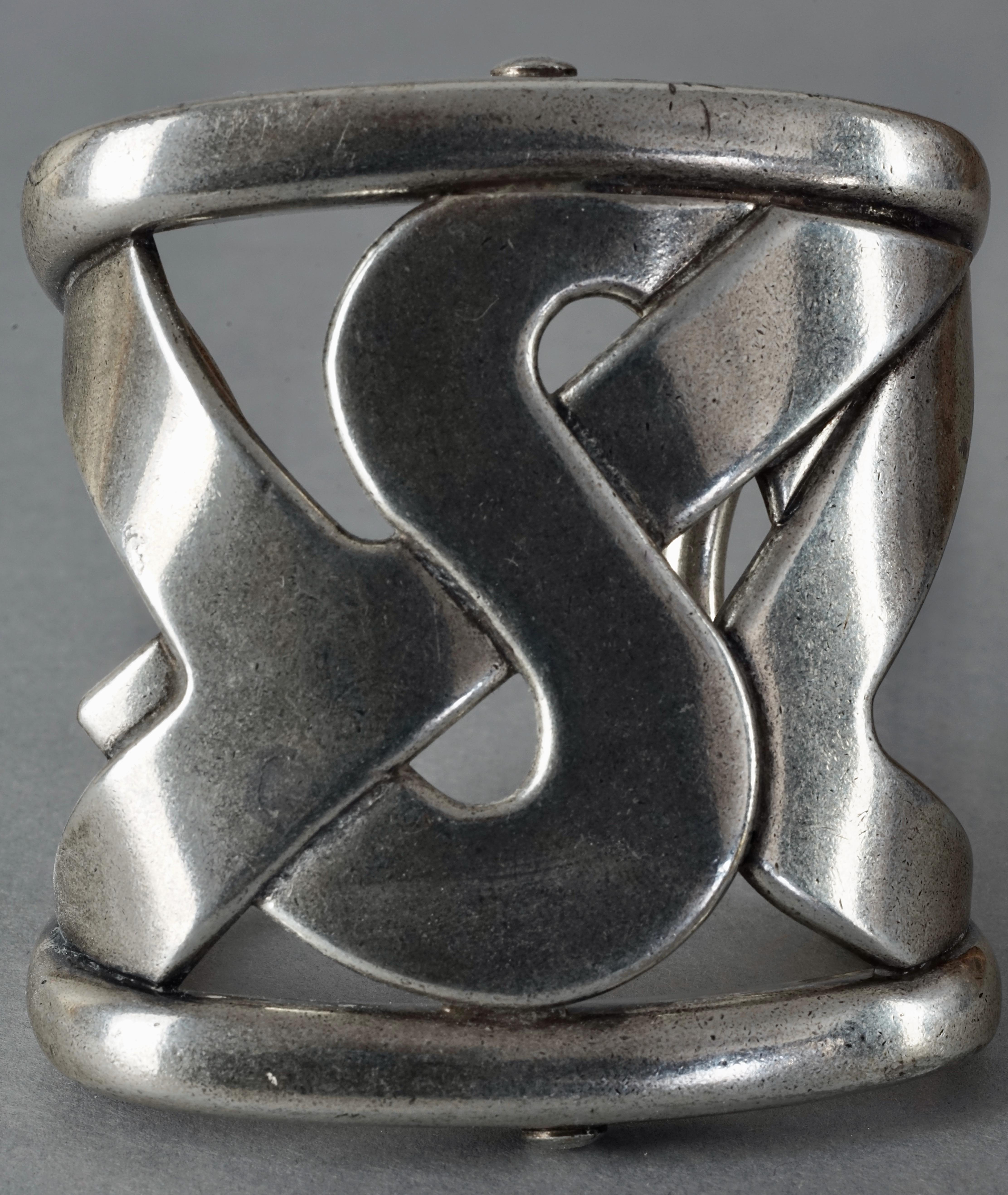 Yves Saint Laurent YSL Logo Wide Silver Cuff Bracelet For Sale 1