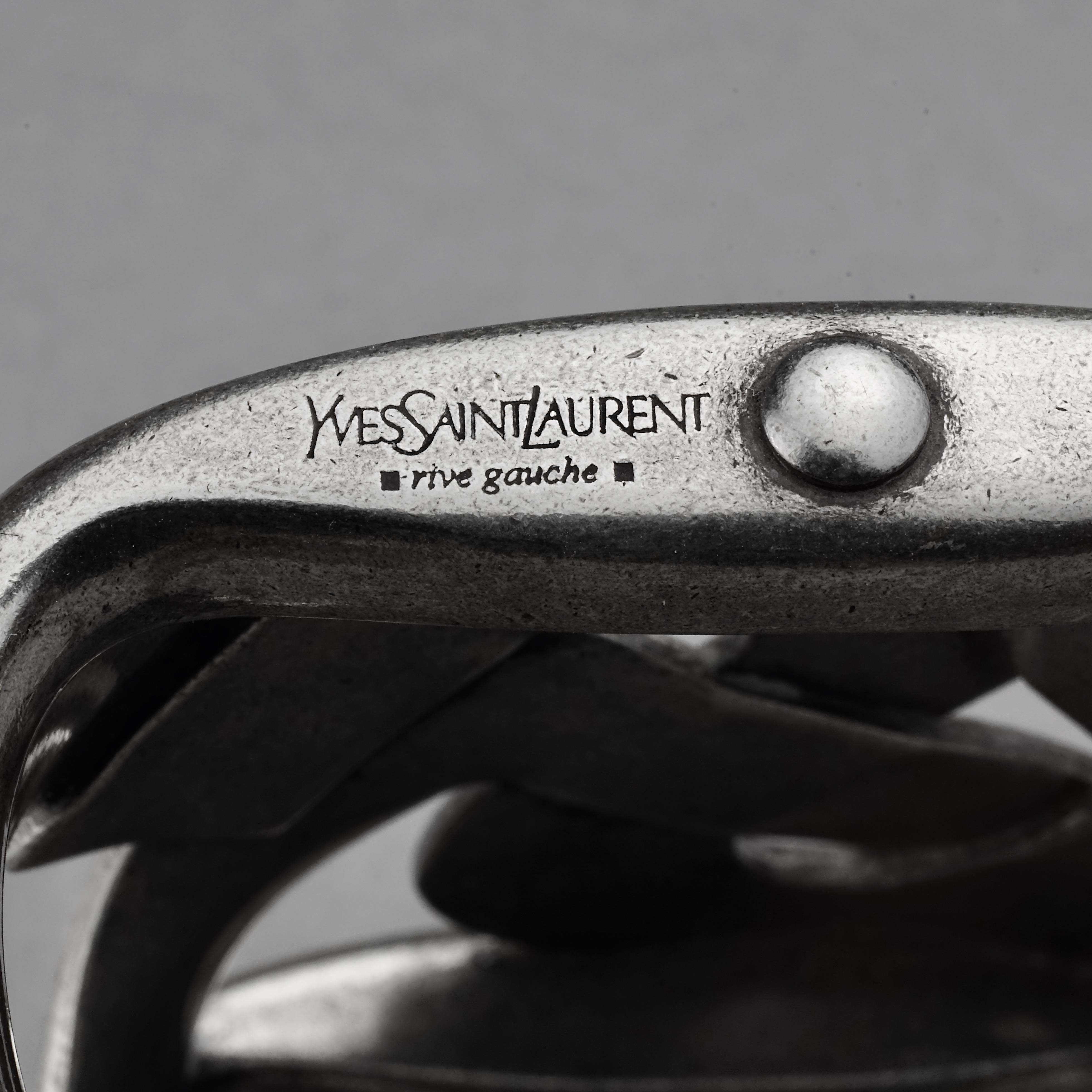 Yves Saint Laurent YSL Logo Wide Silver Cuff Bracelet For Sale 2