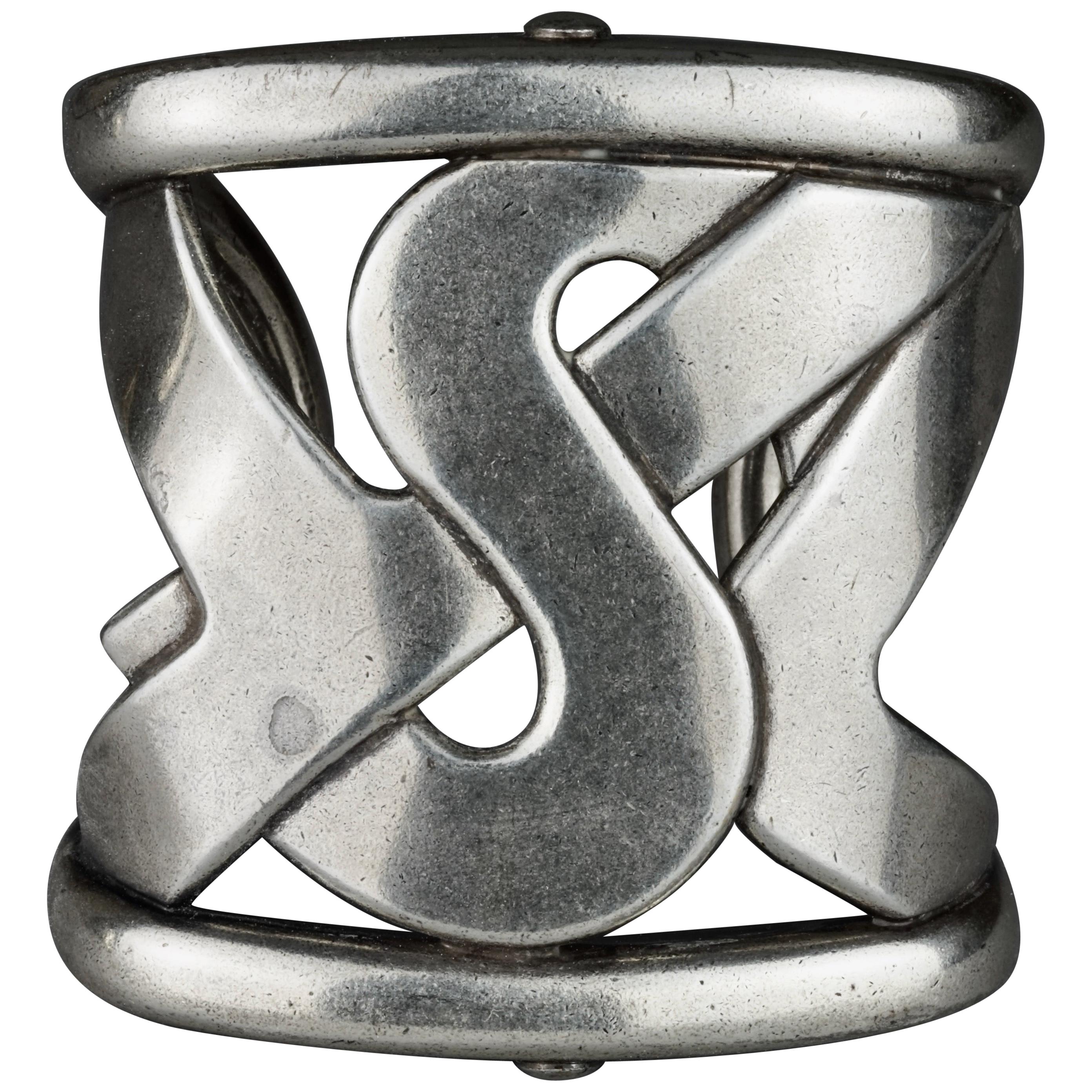 Yves Saint Laurent YSL Logo Wide Silver Cuff Bracelet For Sale