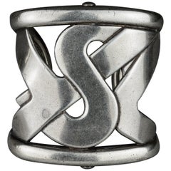 Yves Saint Laurent YSL Logo Wide Silver Cuff Bracelet