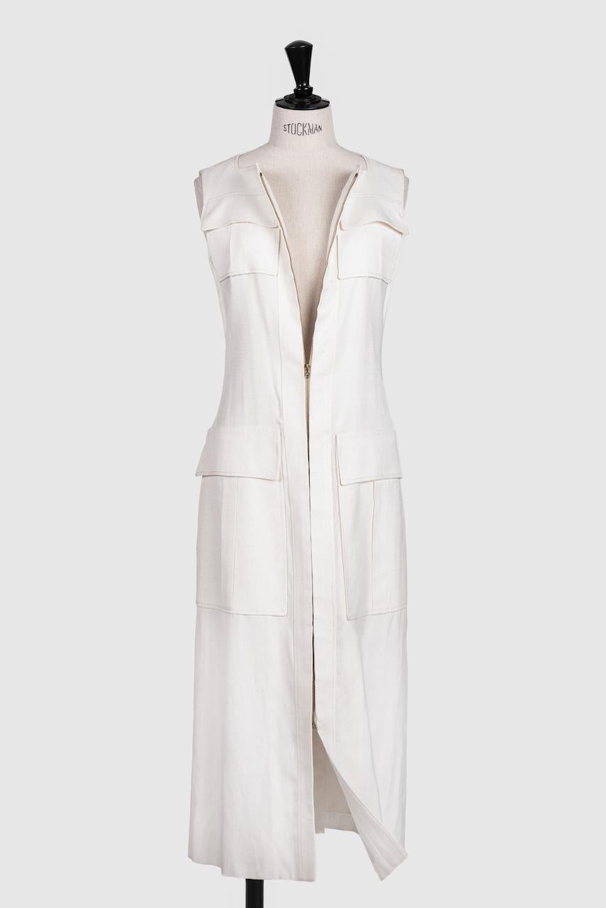 Women's TED LAPIDUS PARIS Long Safari-Style Off-White Silk Mix Vest Dress, 1960s/1970s