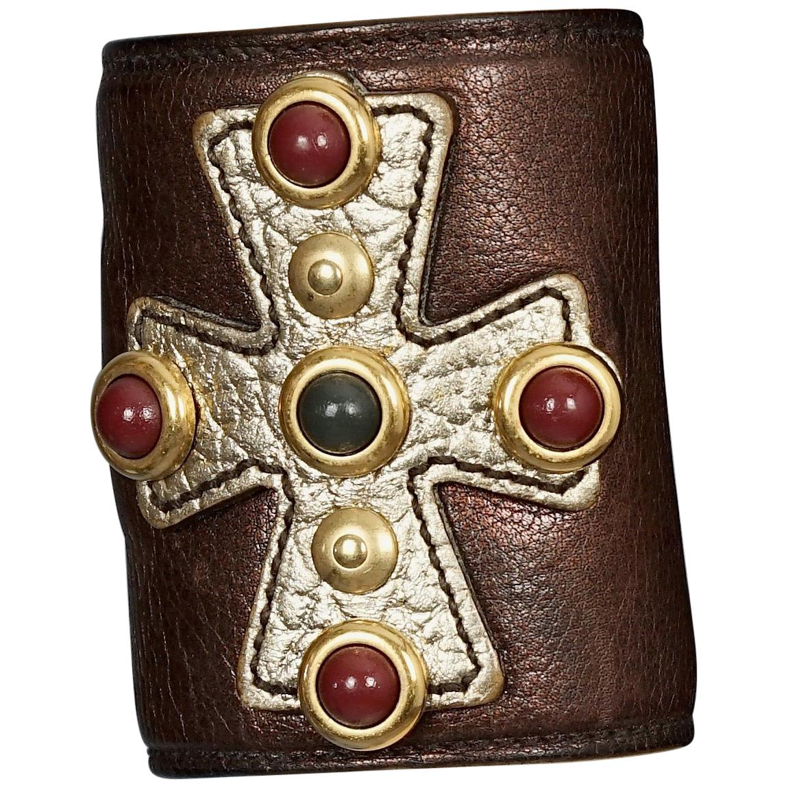 Yves Saint Laurent YSL Maltese Cross Cabochon Leather Cuff Bracelet For Sale