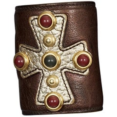 Yves Saint Laurent YSL Maltese Cross Cabochon Leather Cuff Bracelet