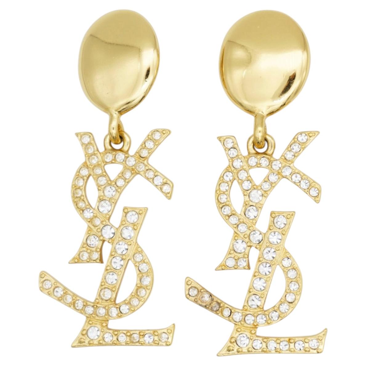 Yves Saint Laurent YSL Massive Gold Crystals Logo Chunky Drop Exquisite Earrings