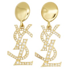 Yves Saint Laurent YSL Massive Goldkristalle Logo Klotzige Tropfen Exquisite Ohrringe