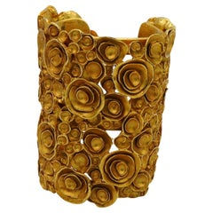 YVES SAINT LAURENT YSL Massive Gold Tone Stylized Flowers Cuff Bracelet