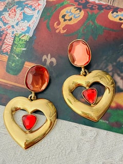 Yves Saint Laurent YSL Massive Gripoix Orange Heart Oval Crystal Drop Earrings