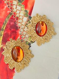 Yves Saint Laurent YSL Massive Gripoix Orange Huge Textured Abnormal Earrings