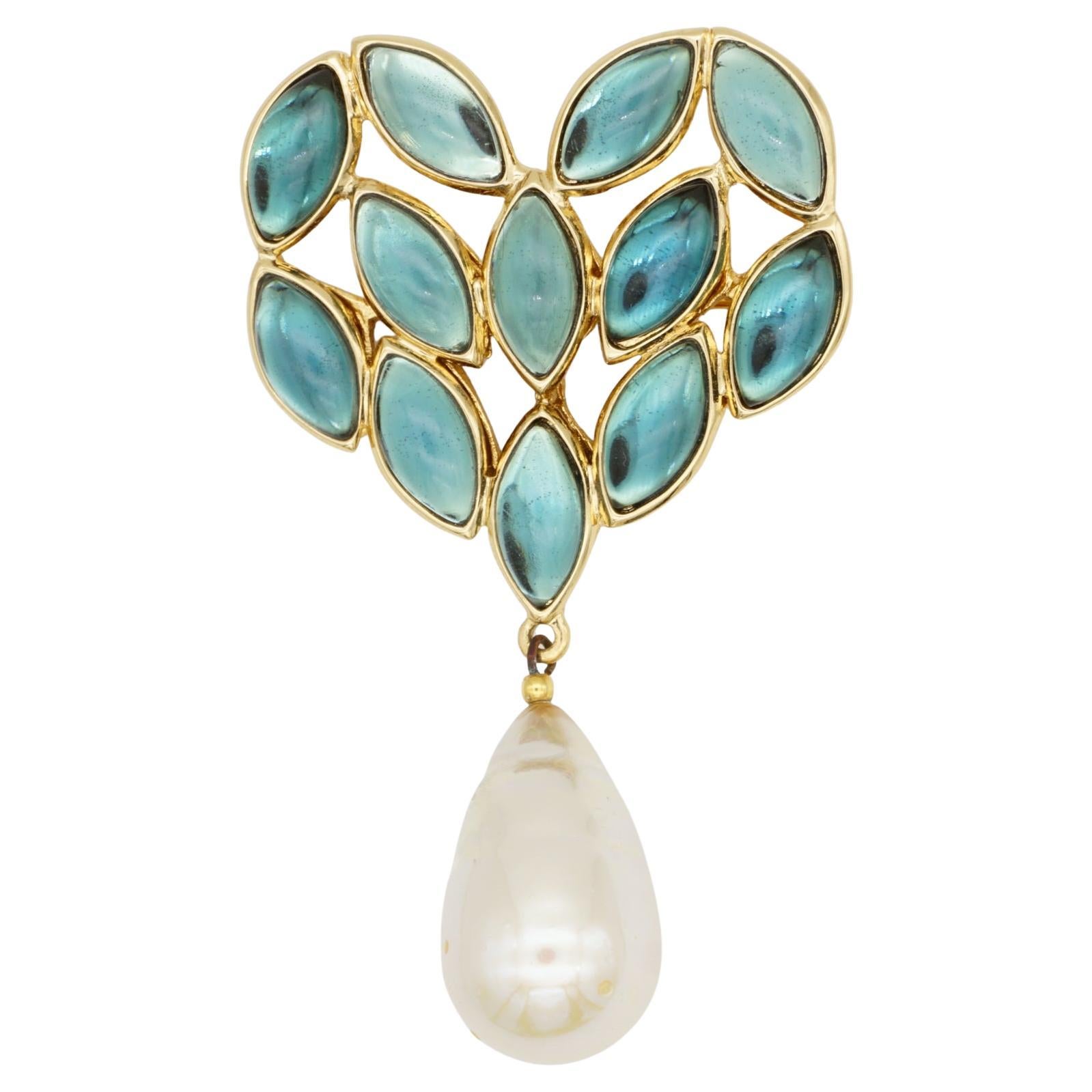 Yves Saint Laurent YSL Broche con gota de perla blanca y cristales de corazón de turquesa masivos en venta