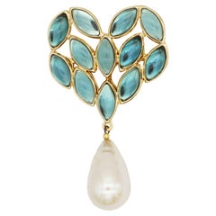 Yves Saint Laurent YSL Massive Turquoise Heart Crystals White Pearl Drop Brooch Yves Saint Laurent YSL Massive Turquoise Heart Crystals White Pearl Drop Brooch