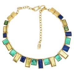 Yves Saint Laurent YSL Mondrian Sapphire Emerald Citrine Rectangle Gold Necklace