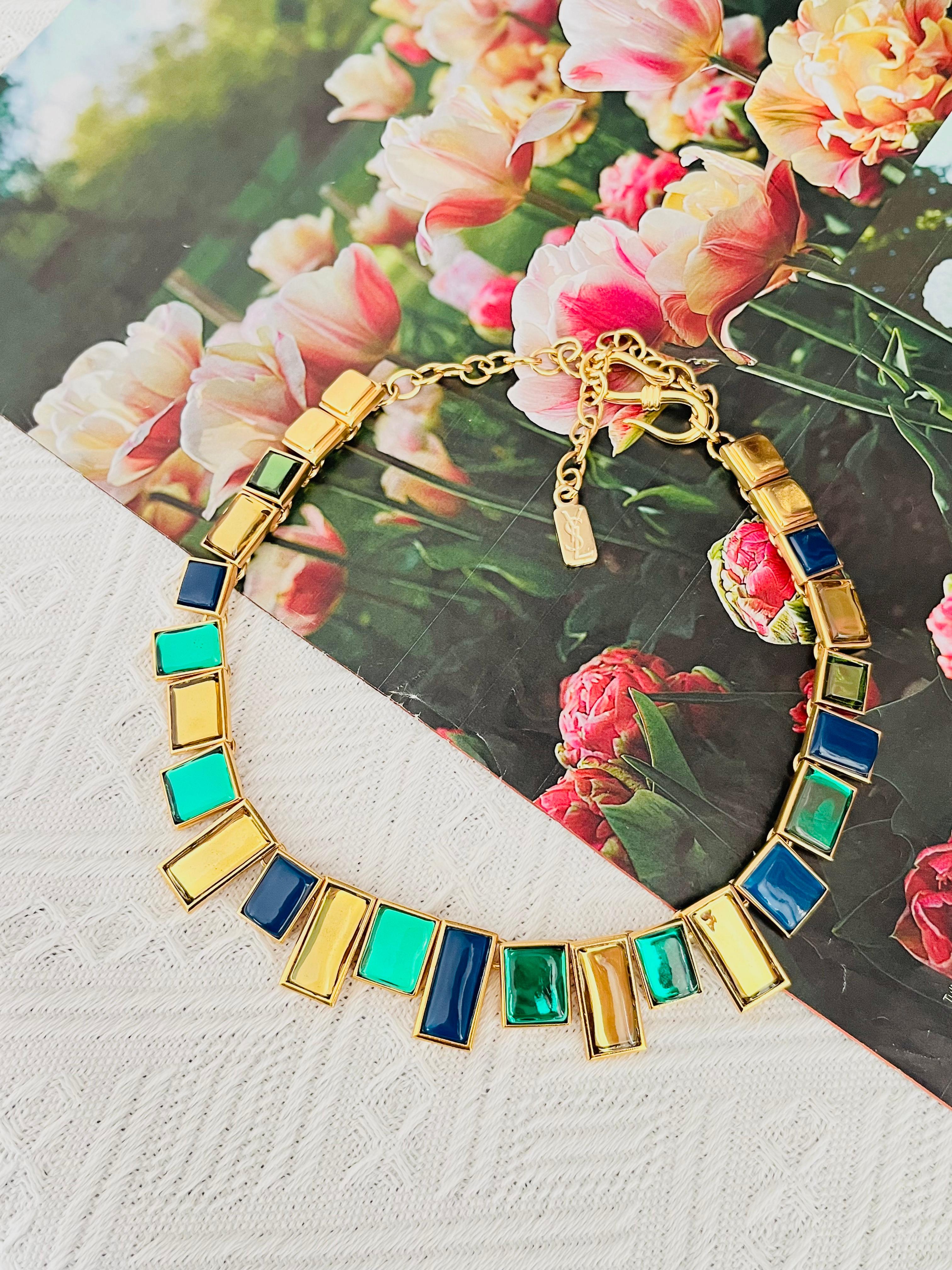Women's or Men's Yves Saint Laurent YSL Mondrian Sapphire Emerald Citrine Rectangle Gold Necklace For Sale